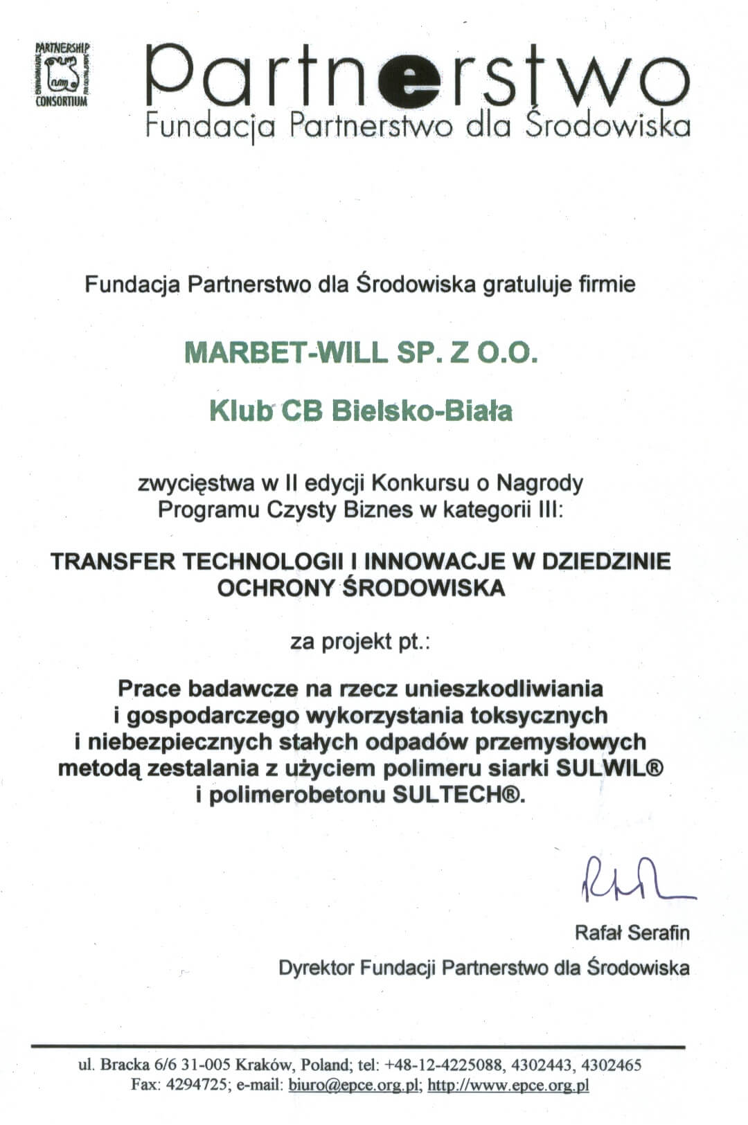 Program Czysty Biznes 2004 - Sulwil, Sultech